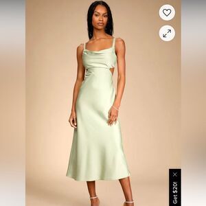 Stun to Remember Sage Green Satin Cowl Neck Cutout Midi Dress
